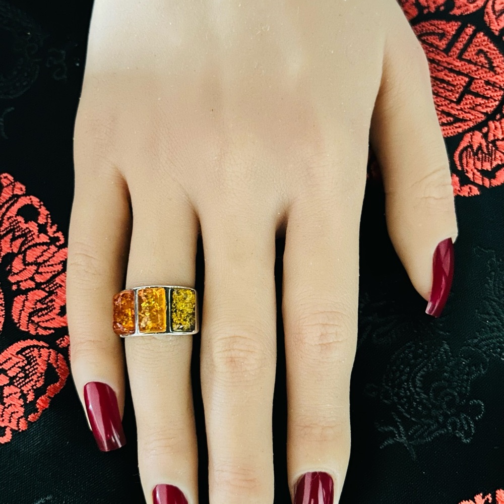 Rectangular Amber Stone Silver 925 Ring - image 8